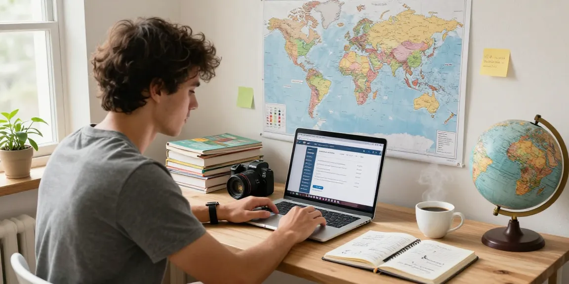 Reiserisiko rechtlich prüfen im gemütlichen Homeoffice mit Reiseunterlagen und Laptop.
