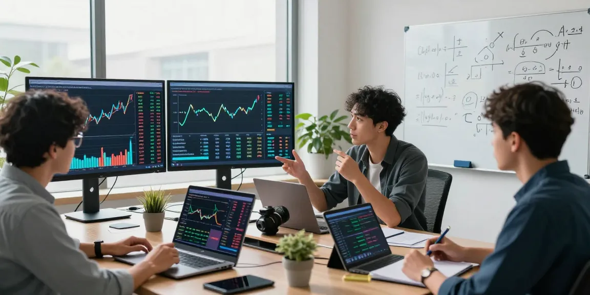 Aktuelle Krypto-Studien werden von Forschern in einem modernen Büro analysiert, Statistiken und Grafiken auf großen Bildschirmen dargestellt.