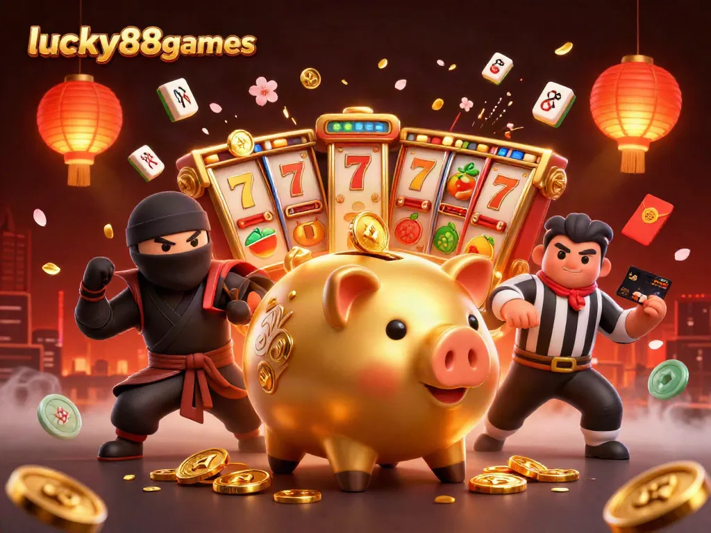 Experience the thrill with lucky88games as a golden piggy bank sumo wrestler shakes down coins in an exciting casino scene.