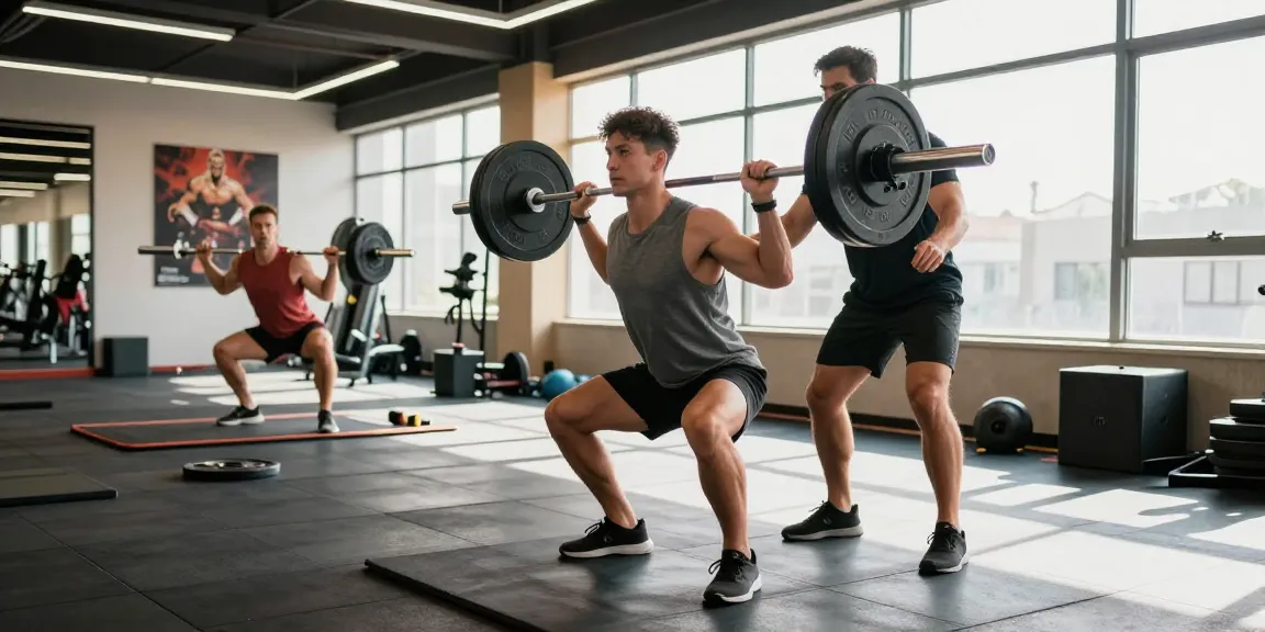 Muscular Mann trainiert mit Gewichten im Selliza Shop Fitness Studio, energetische Atmosphäre.