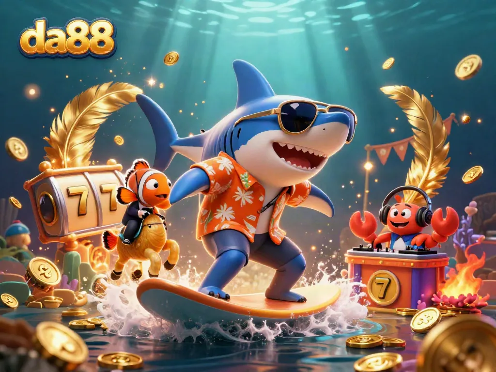 Experience the thrilling da88 casino with a shark, clownfish, and crab amidst slot reels and gold coins.