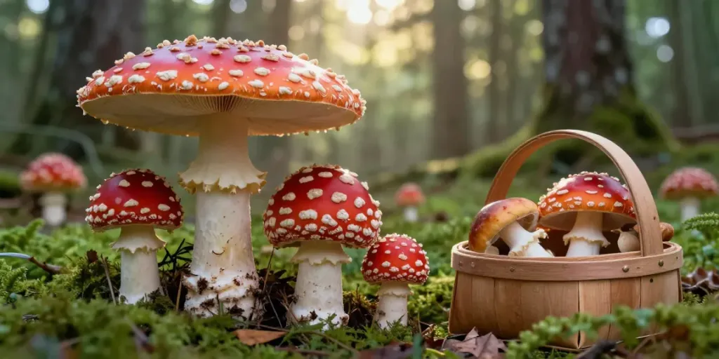 Fliegenpilz kaufen: Hochwertige Amanita Muscaria in natürlicher Umgebung mit frischen Kappen.