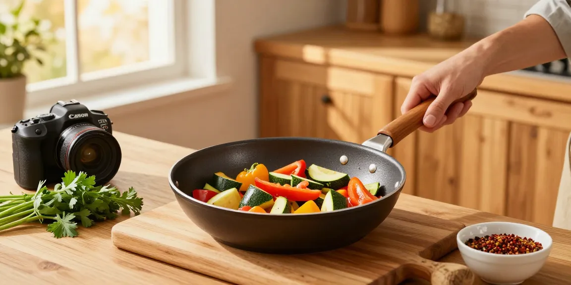 Kochen mit einer PTFE freien Pfanne, gefüllt mit buntem Gemüse in einer warmen Küche.