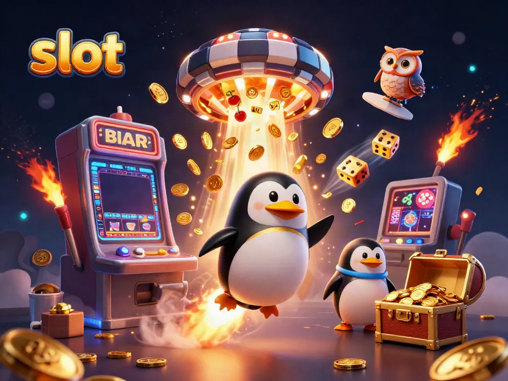 Experience thrilling slots action with a dynamic illustration depicting a golden penguin and jackpot symbols