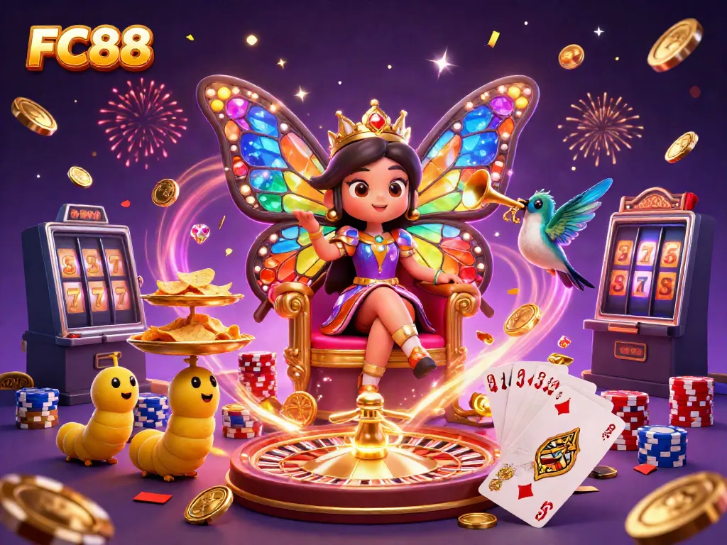 Experience the world of FC88 with a 3D butterfly queen and vibrant gambling elements.