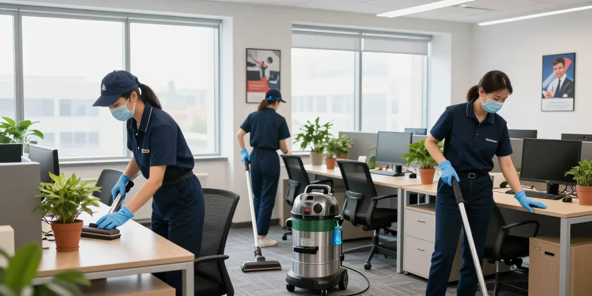 Professionelle Gebäudereinigung Düsseldorf mit einem Team in Aktion, das Büros gründlich reinigt.