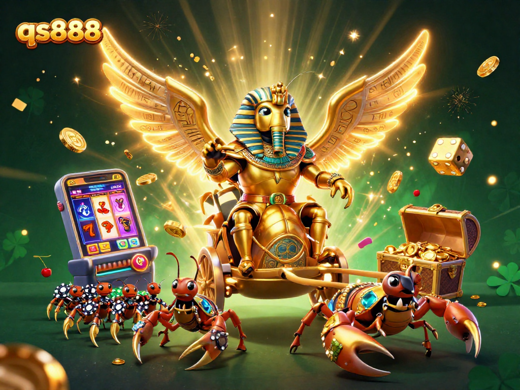 Engage with qs888's vibrant casino scene showcasing a golden scarab and jackpot excitement.