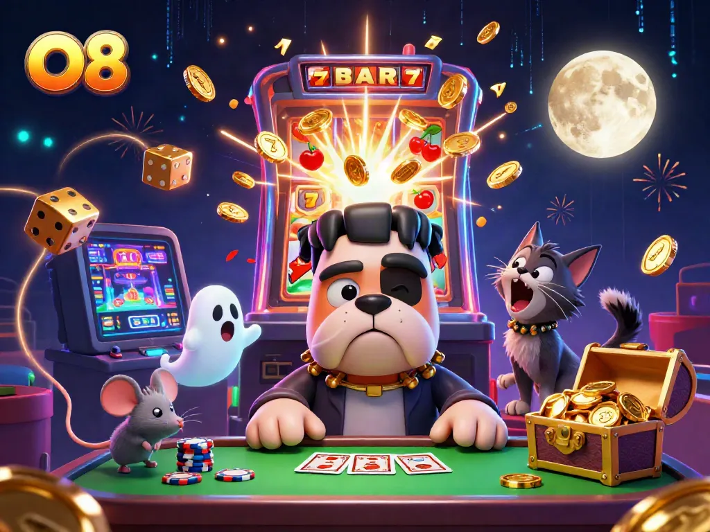 O8 showcases a dynamic casino scene with a cartoon Frankenstein bulldog dealer and jackpot explosion.