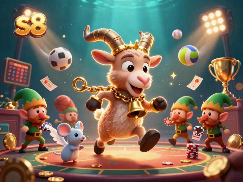 S8 casino illustration showing Krampus with elf gremlins stealing chips in a vibrant gaming scene.