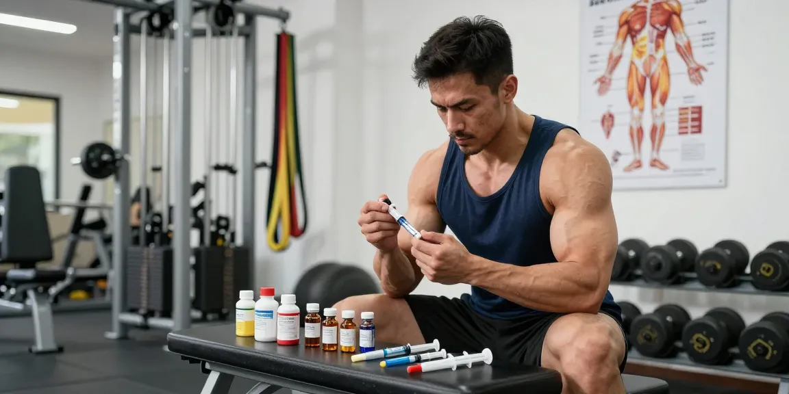 Anabolika Shop - Bodybuilder demonstrating safe steroid injection technique in a vibrant gym setting.