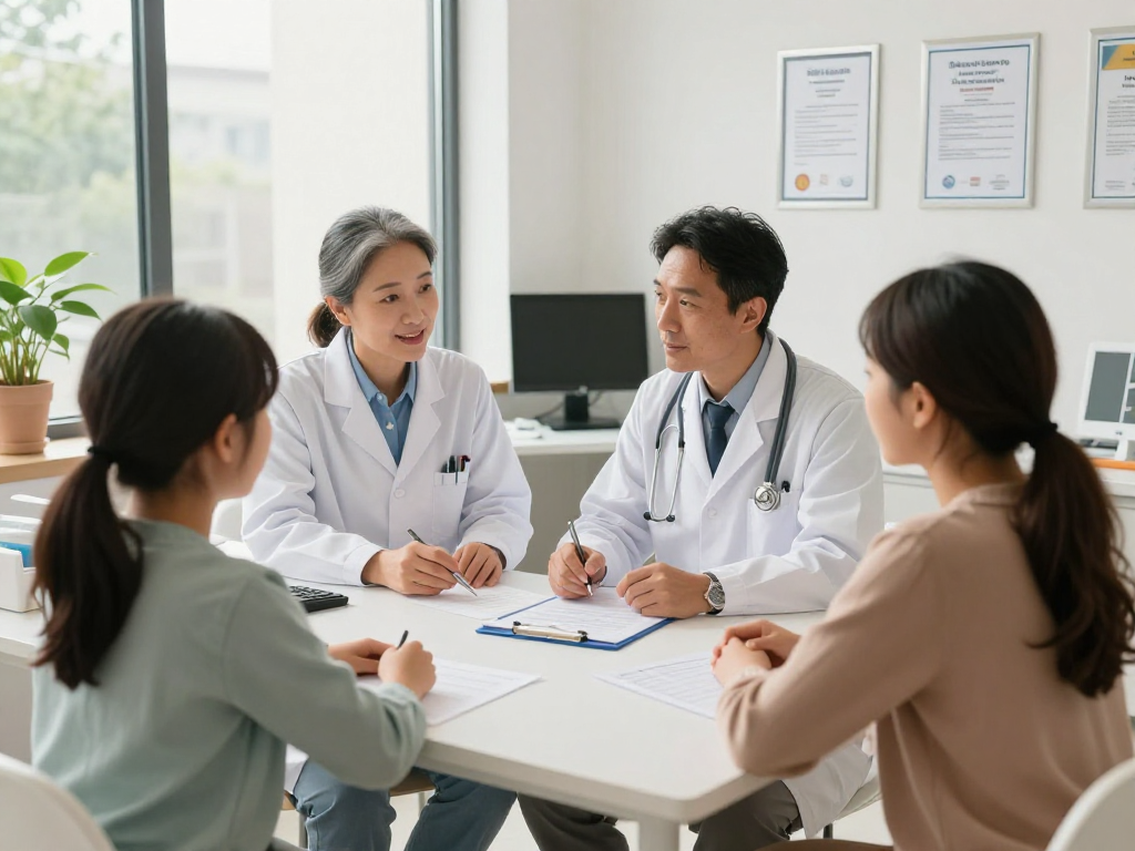 Gesundheitswesen Arzt consulting for patient care in a compliant medical office.