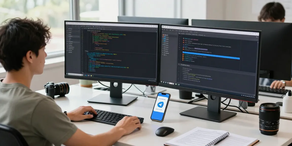 Adjusting Telegram中文 settings in a modern tech workspace with a developer at desk.