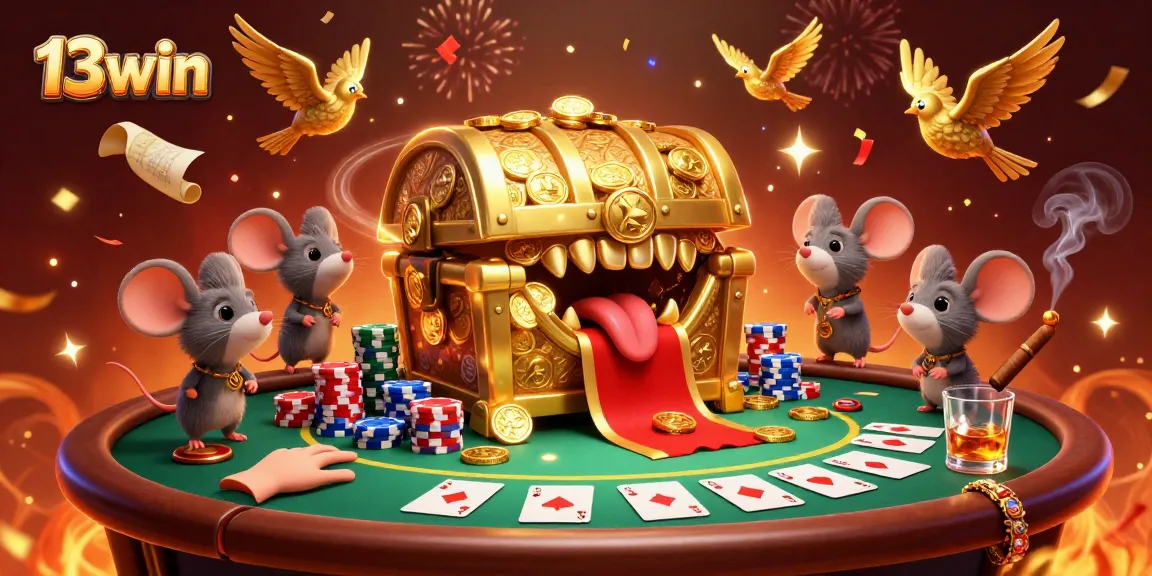 Join 13win for exciting casino adventures featuring treasure chests and poker games.