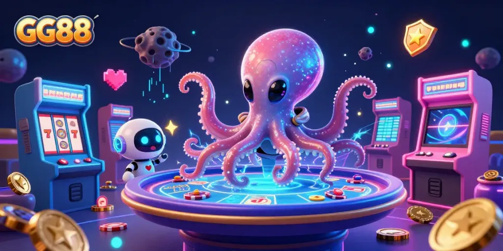 Play exciting games at GG88 with a colorful, immersive casino illustration featuring an alien octopus and vibrant elements.