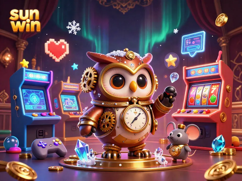 Engage in thrilling gameplay with sun win featuring animated steampunk owl amidst casino excitement.