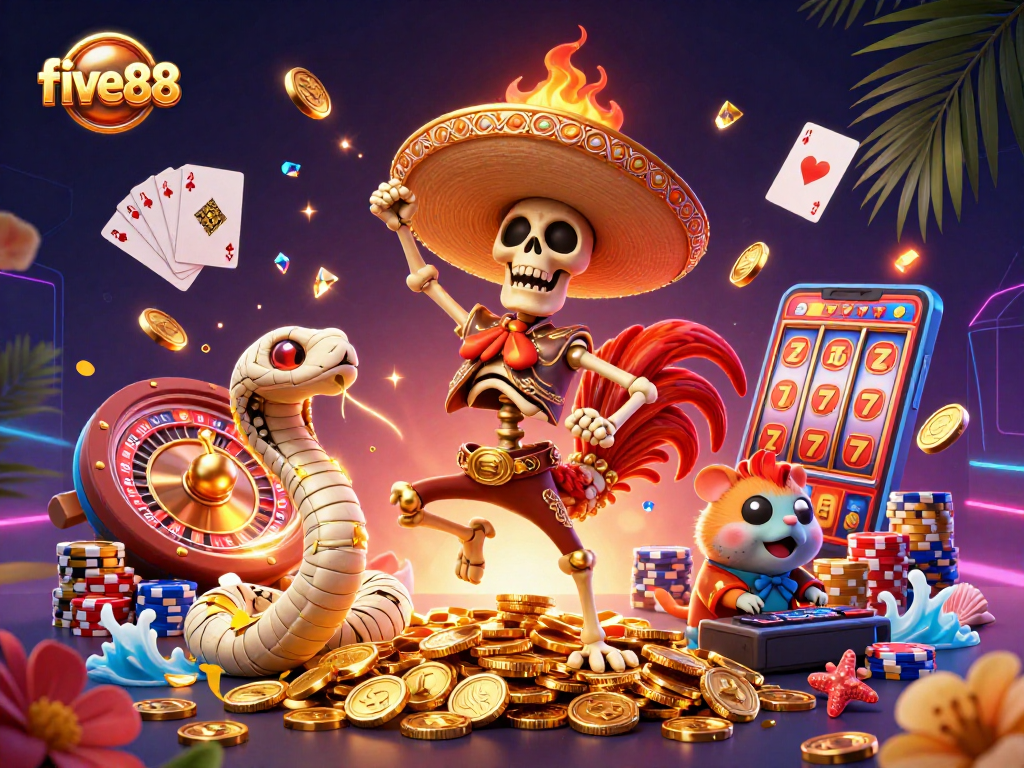 five88 features a vibrant scene of animated casino characters celebrating with winning symbols and treasures.