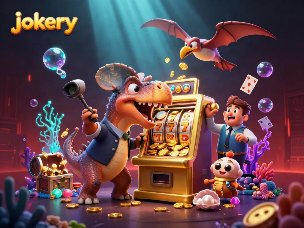 Catch the excitement with jokery as a dinosaur wins a jackpot in a vibrant casino scene.