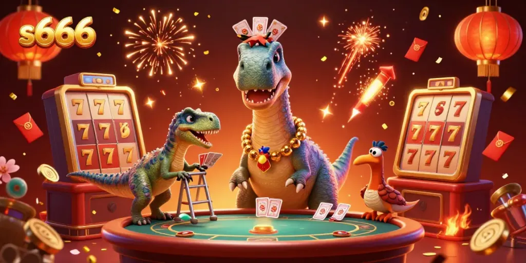 S666 themed 3D cartoon illustration showcasing a brontosaurus in a casino with dynamic interactive elements.