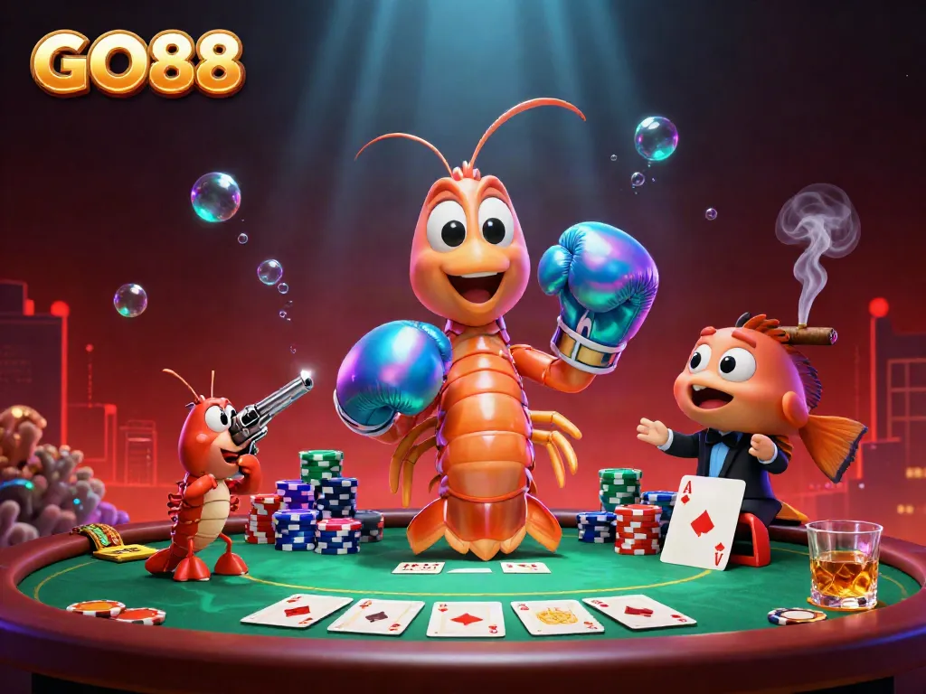 Engage in winning poker gameplay at GO88 with vibrant 3D shrimp characters and colorful chips and cards.