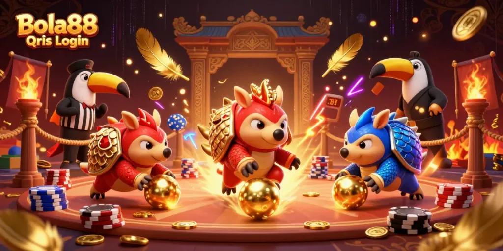Bola88 Qris Login showcases two rival pangolins competing in a dynamic casino bowling game filled with poker chips.