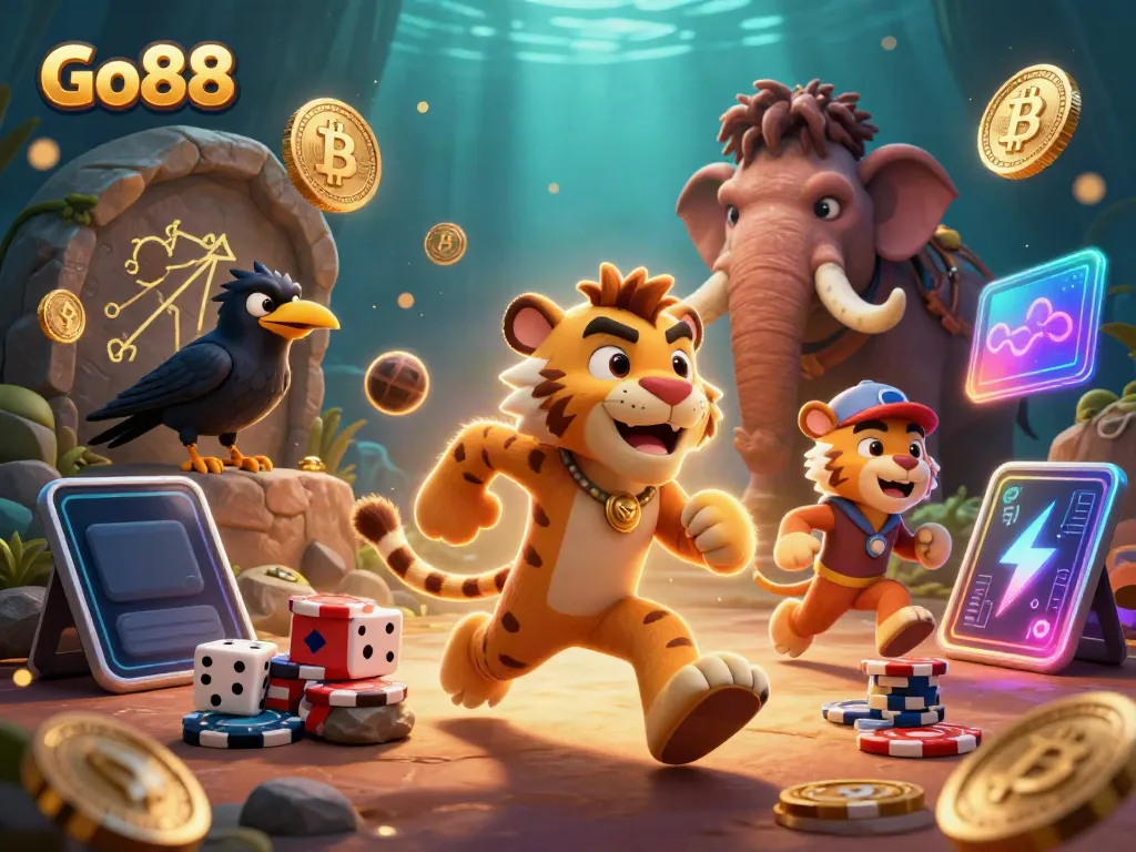 Experience the excitement of Go88 with a vibrant prehistoric casino scene showcasing fun characters and crypto elements.