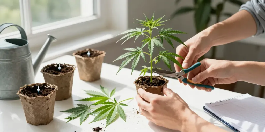 Gardener performing stecklinge schneiden on a cannabis plant, highlighting clean cuttings and healthy foliage