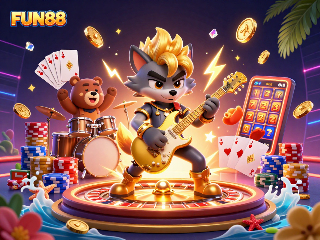 Experience FUN88 excitement with a vibrant scene of a rock star wolf and drummer bear performing amidst golden coins and a roulette wheel.