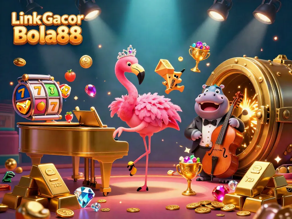 Experience winning strategies with Link Gacor Bola88 in this vibrant casino illustration showcasing lively characters and slot games.