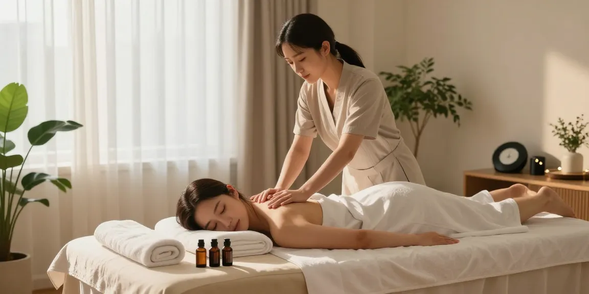 A young woman enjoying a 종로출장 massage in a cozy home spa setting with calming decor and natural light.