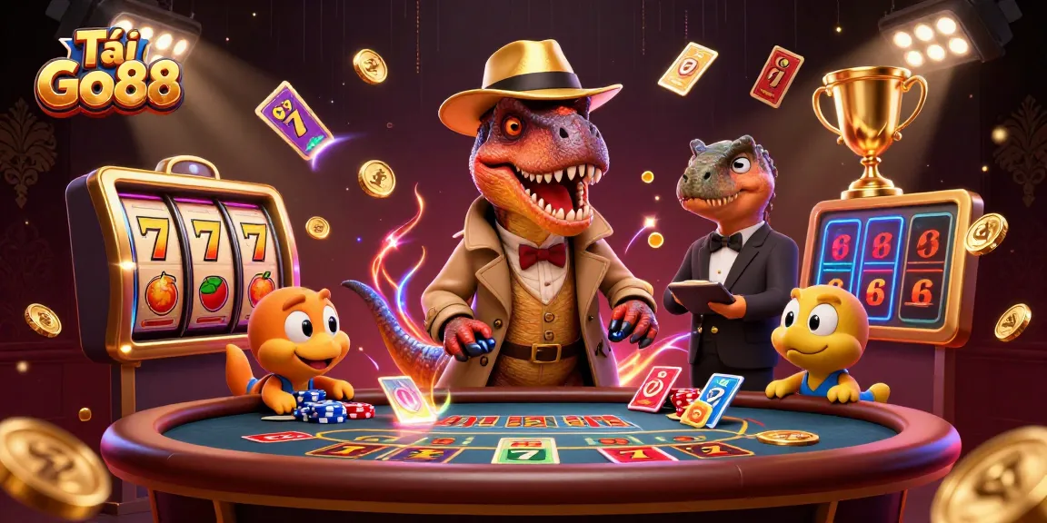 Tải Go88 with a 3D velociraptor card counter at a blackjack table surrounded by dynamic casino elements.