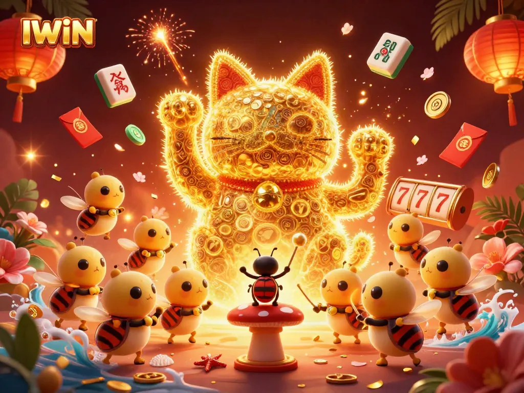 IWIN showcases a vibrant casino scene with a lucky cat and gold fireflies, celebrating gaming fun.