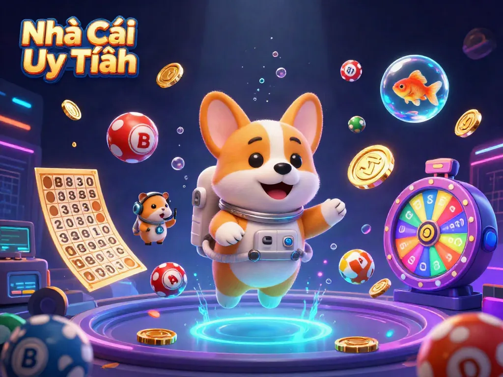 A vibrant scene of the cartoon astronaut corgi in a space station casino, promoting Nhà Cái Uy Tín with floating lottery elements.