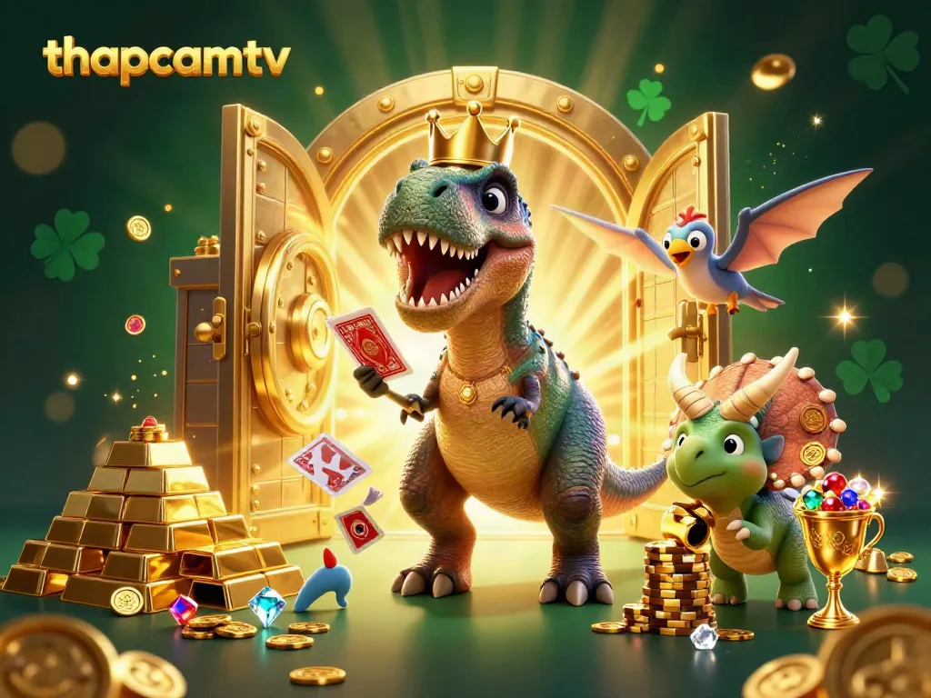 Engaging 3D illustration of thapcamtv showcasing a T-Rex and triceratops in a vibrant casino scene.