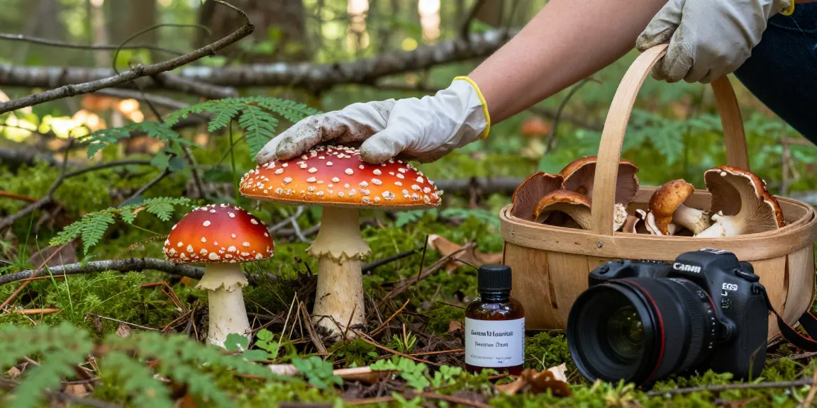 Fliegenpilz bestellen: Person, die Amanita muscaria Pilze in einer ruhigen Waldumgebung mit Korb und Tinktur sammelt.