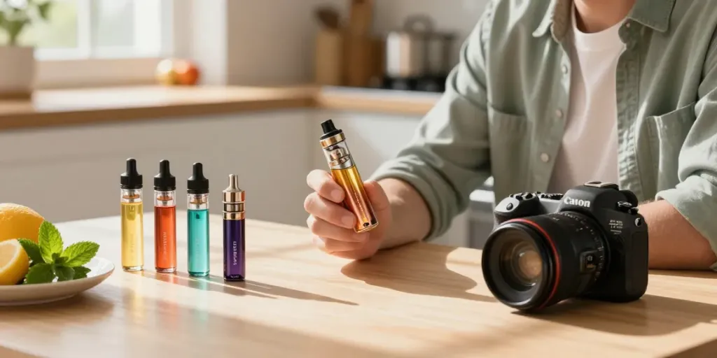 Exploring Elfbar Lost Mary vape flavors in a bright kitchen setting