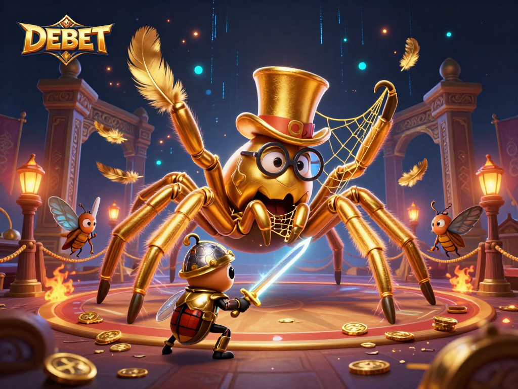 Engage with DEBET's golden-themed 3D casino adventure featuring a unique tarantula character and vibrant elements.