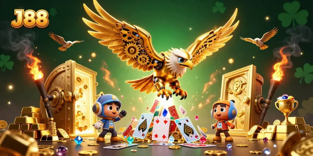 Engage in thrilling gambling action with J 88, featuring a golden eagle diving through glowing cards and treasures.