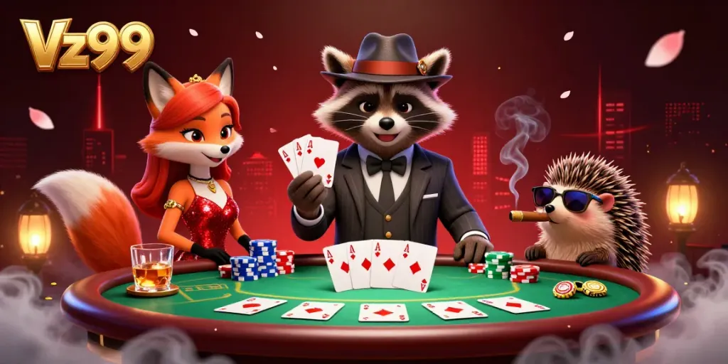Experience thrilling poker action at Vz99 with a suave raccoon dealer and glamorous outfits amid vibrant casino elements.