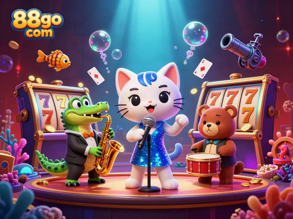 Experience excitement at 88go com with animated characters in a vibrant casino scene, highlighting games and rich graphics.