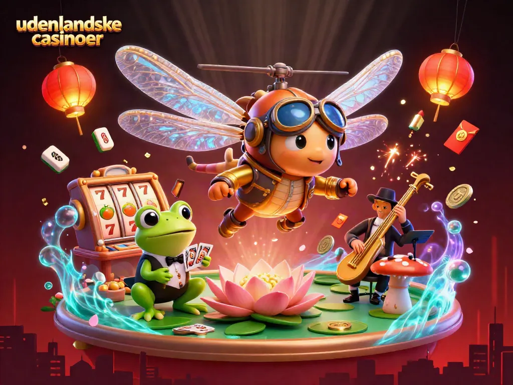 Experience the excitement of udenlandske casinoer with a vibrant 3D scene of gaming elements and characters.