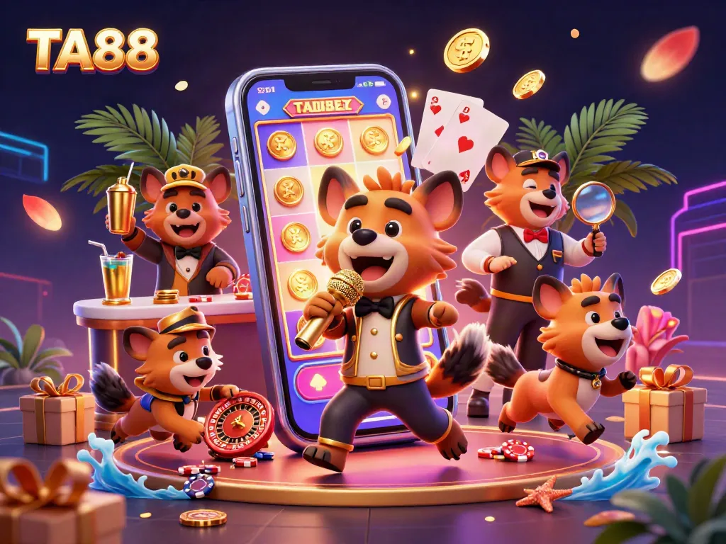 Experience the vibrant comedy action at TA88 with animated hyenas bringing casino fun with a stand-up act.