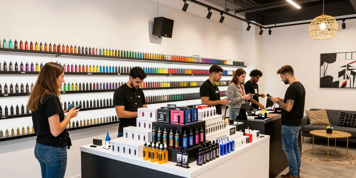 Vape-Shop mit einer Auswahl an RandM Tornado Vapes und freundlichen Kunden.