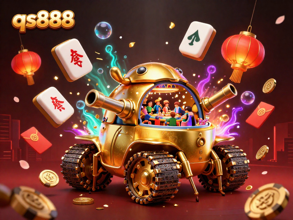 Experience thrilling gameplay with the qs888 casino in a 3D animated golden beetle tank revealing a miniature casino.