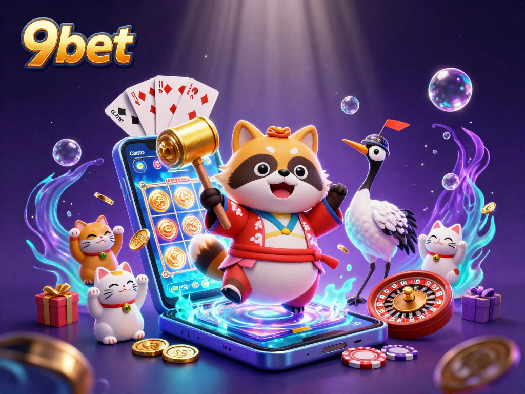 Experience excitement with 9bet's vibrant 3D casino scene featuring animated characters and game elements.