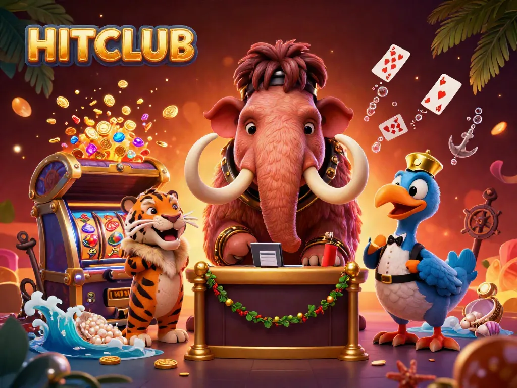 HITCLUB invites players with a vibrant illustration showcasing a woolly mammoth bouncer, VIP saber-tooth tiger, and lively casino elements.