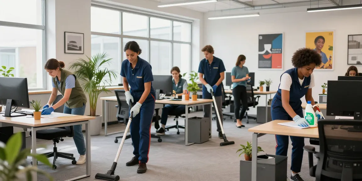 Büroreinigung Göttingen: Professionelles Reinigungsteam in einem modernen Büro während der Reinigung.