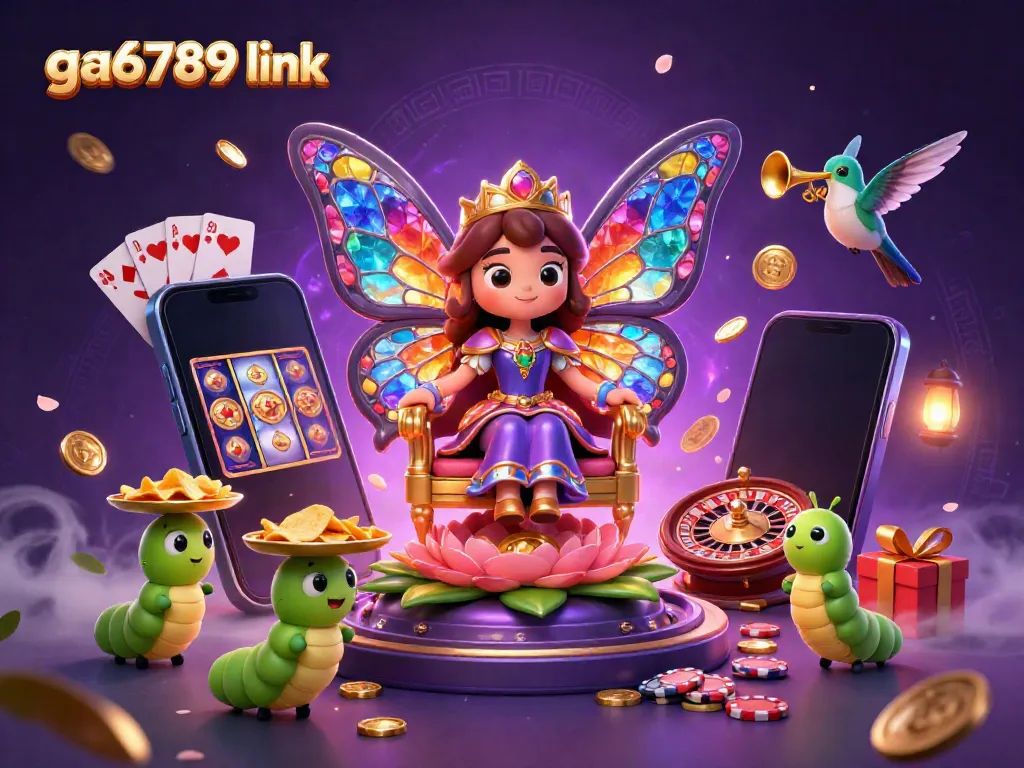 Engage with ga6789 link at this vibrant scene featuring a butterfly queen and gaming elements.