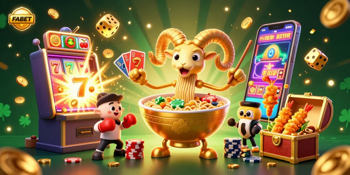 Experience FABET's thrilling casino gaming with a vibrant illustration featuring unique characters and dynamic gambling elements.