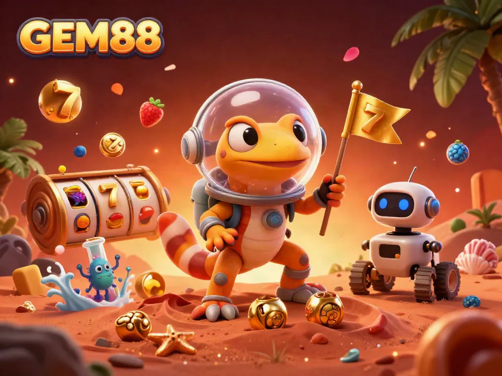 Experience the thrill of GEM88's casino as a Martian gecko unveils a jackpot in a cosmic landscape.