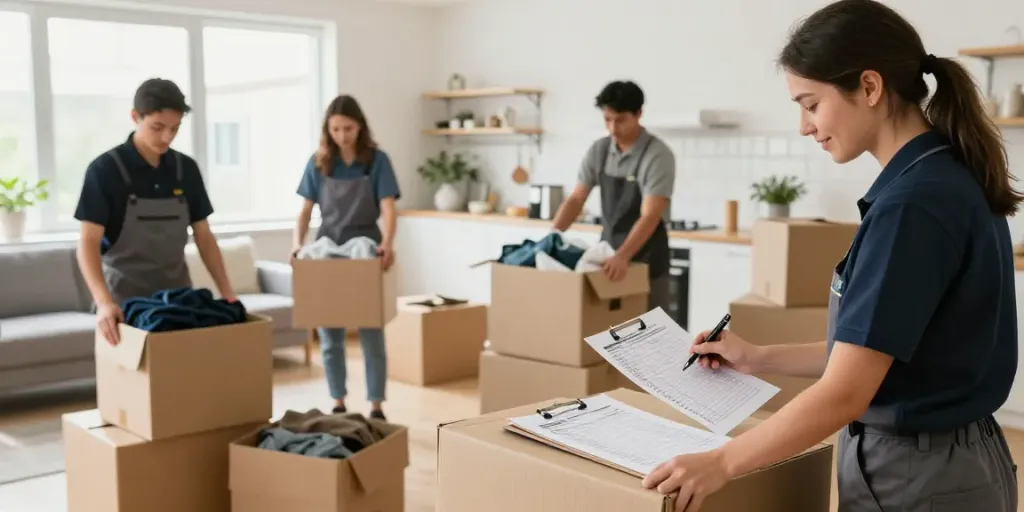 Entrümpelung Wien Kosten: Professionelles Team sortiert Haushaltsgegenstände in einer hellen Wohnung.